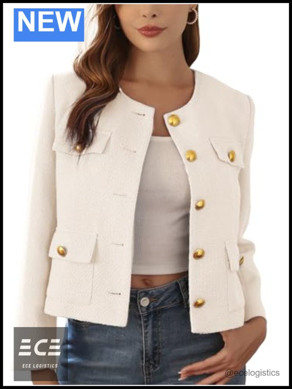 Womens Cropped Tweed Blazer Collarless Gold-Tone Button Lined Loose Fit